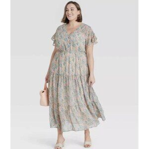Women's Ava & Viv Pastel Floral Tiered Maxi Dress Flutter Sleeves Plus Size 1X